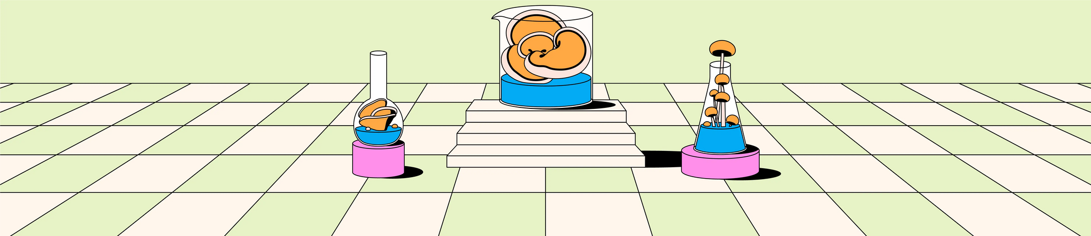 Illustrated laboratory scene with mushrooms in glass containers